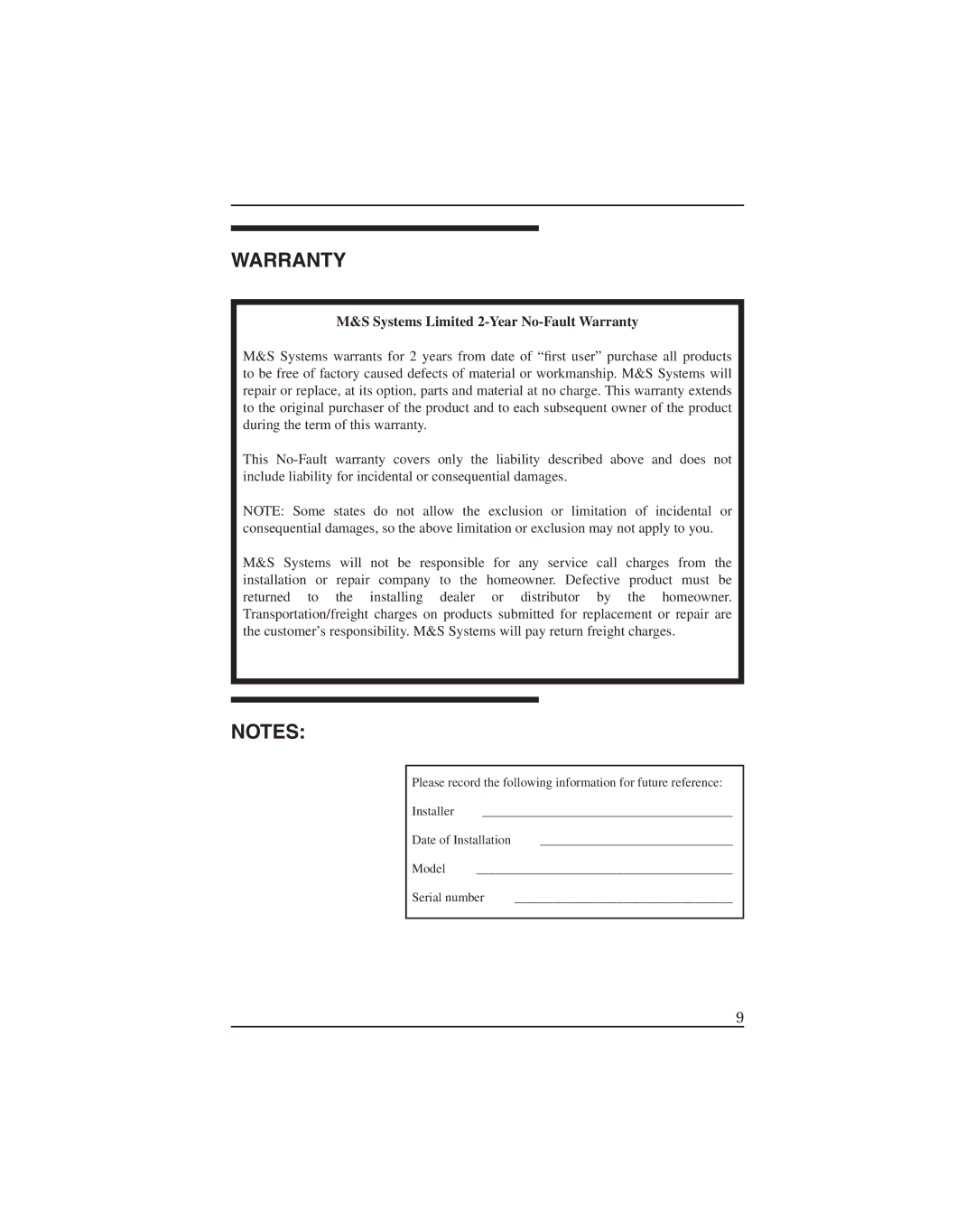 M&S Systems MC111DM, MC111M manual Systems Limited 2-Year No-Fault Warranty 