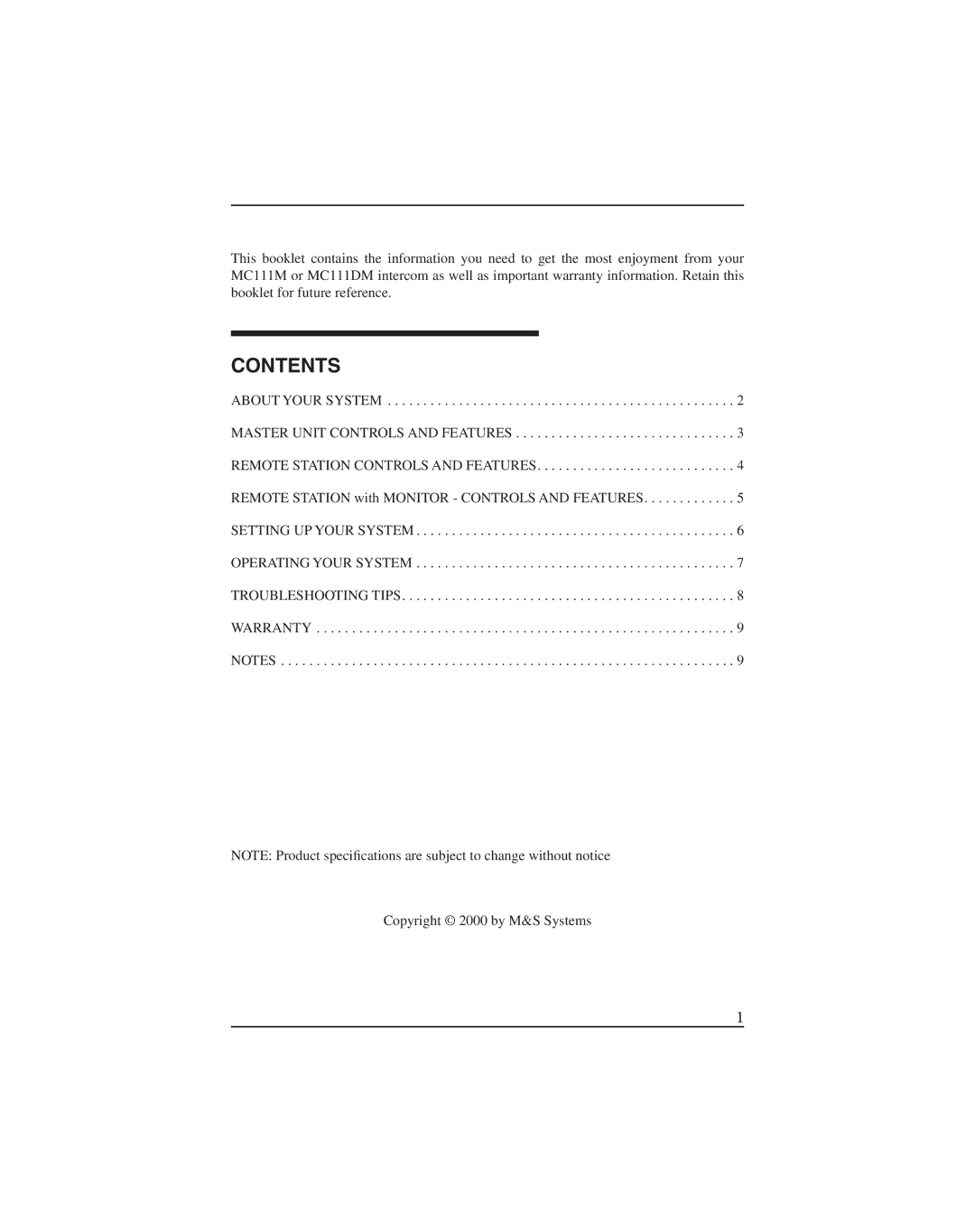 M&S Systems MC111DM, MC111M manual Contents 