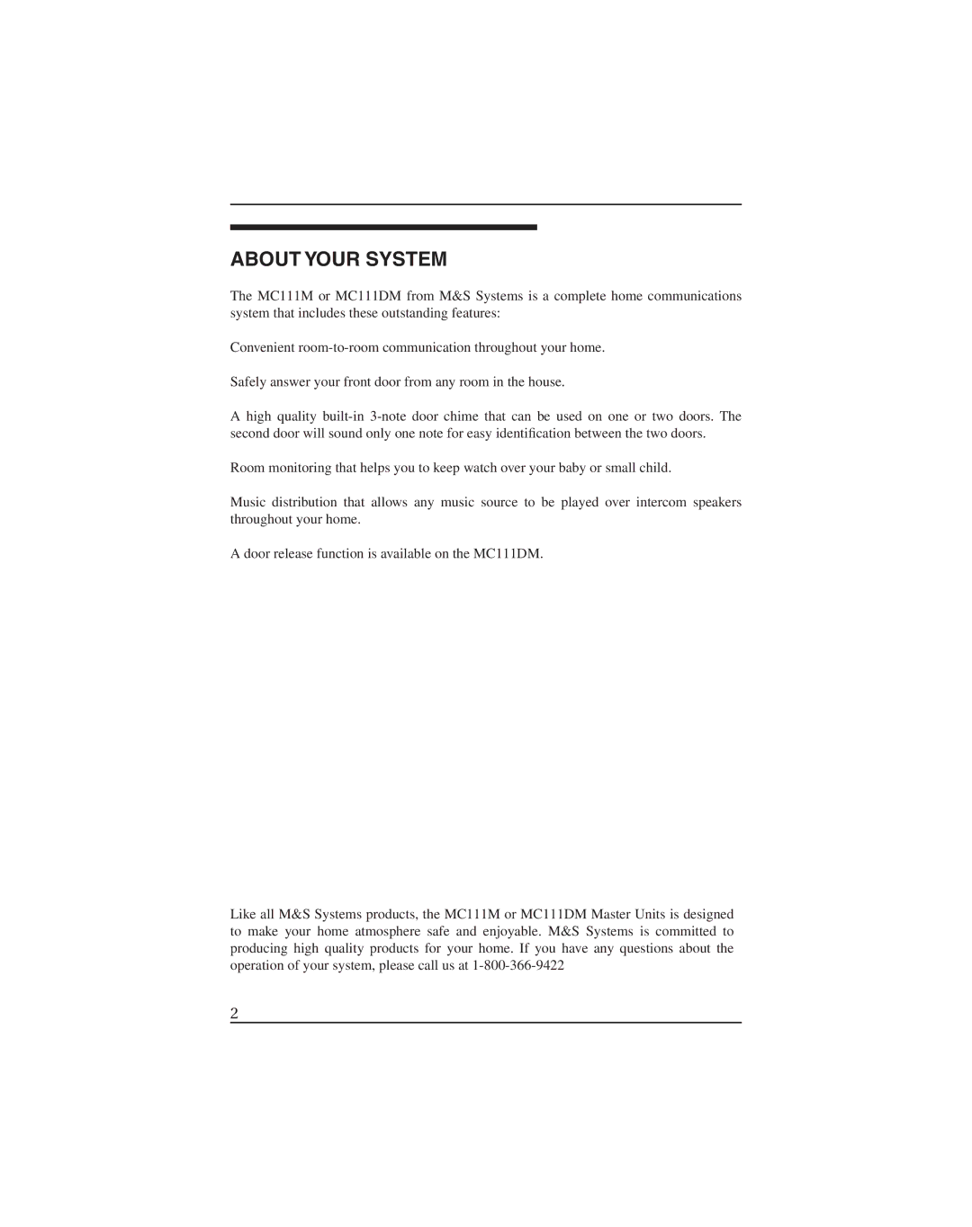 M&S Systems MC111M, MC111DM manual About Your System 