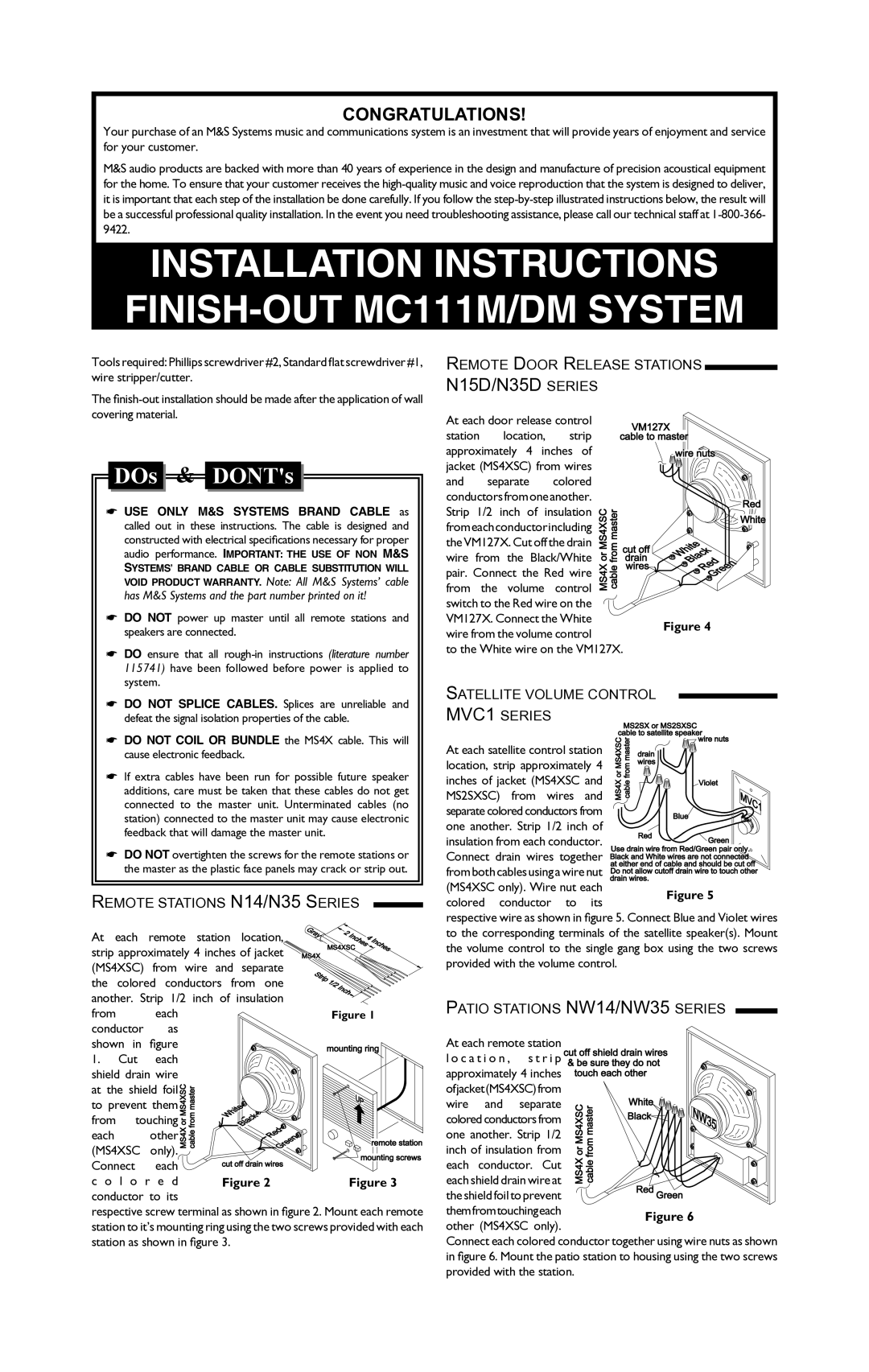 M&S Systems MC111M/DM installation instructions Remote Stations N14/N35 Series, Remote Door Release Stations 