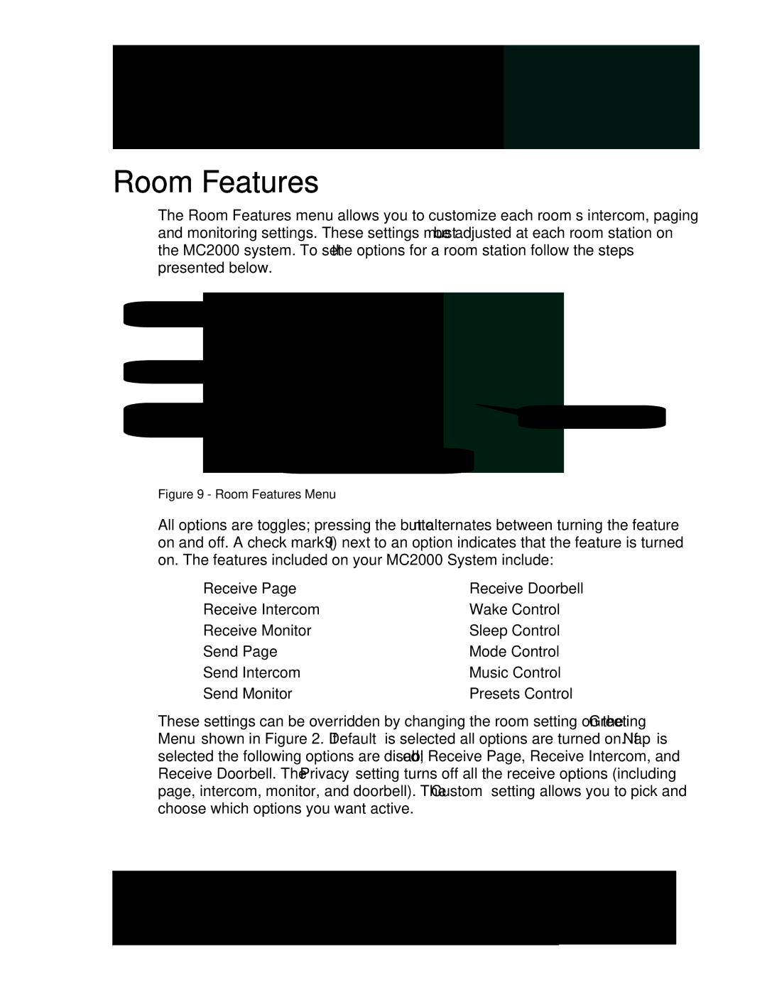 M&S Systems MC2000 owner manual Room Features Menu 