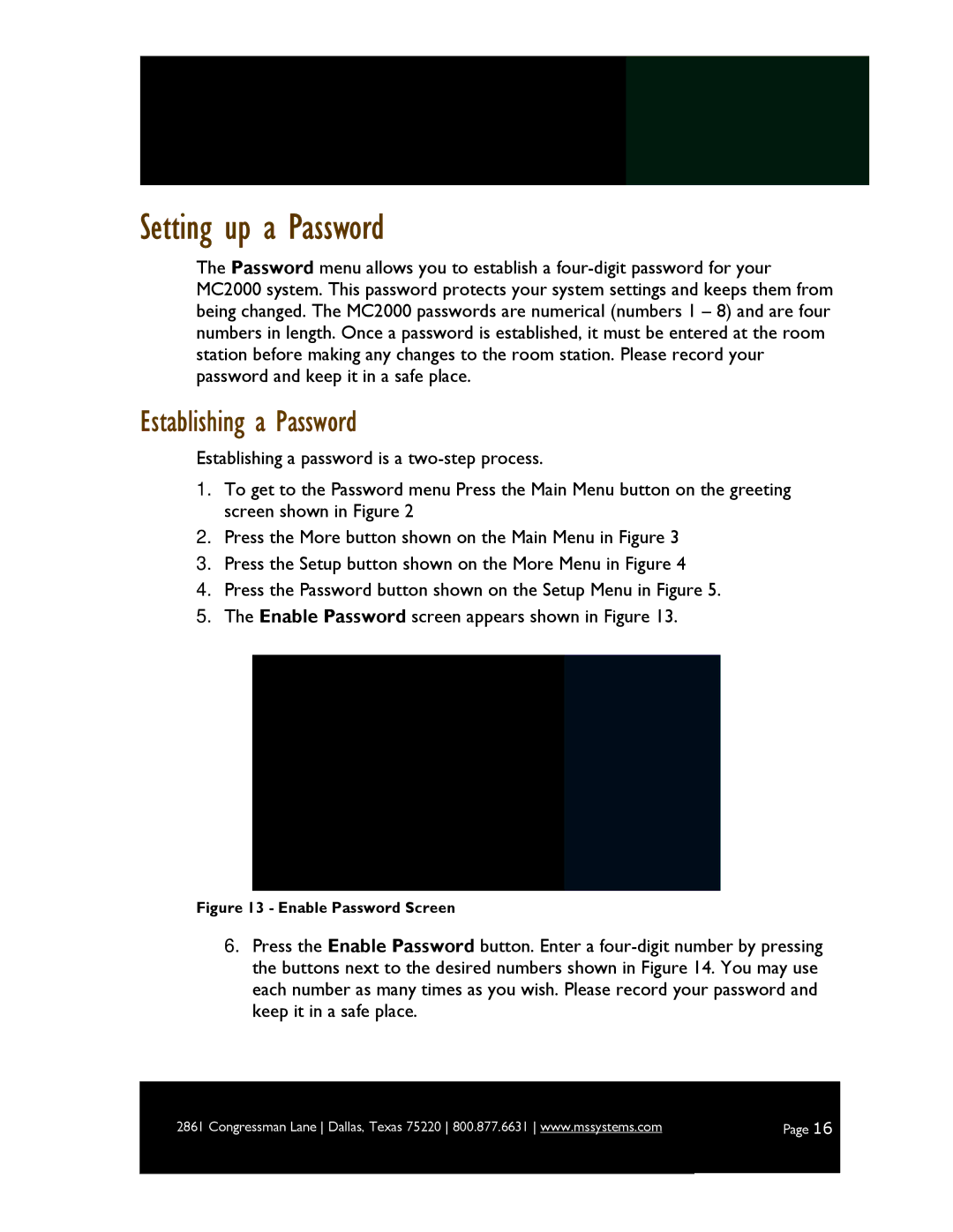 M&S Systems MC2000 owner manual Setting up a Password, Establishing a Password 