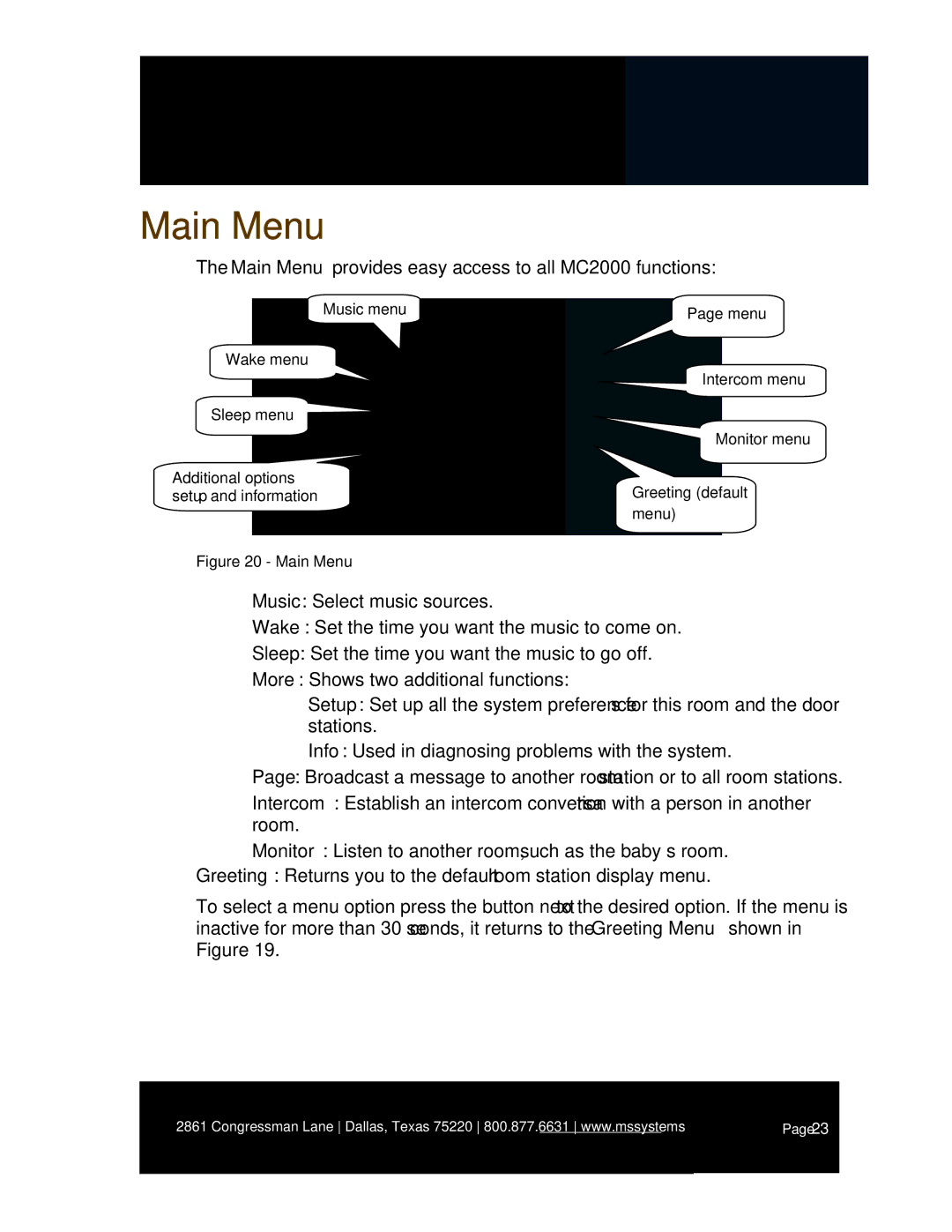 M&S Systems owner manual Main Menu provides easy access to all MC2000 functions 