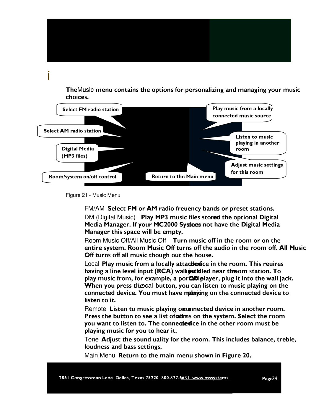 M&S Systems MC2000 owner manual Music Menu 