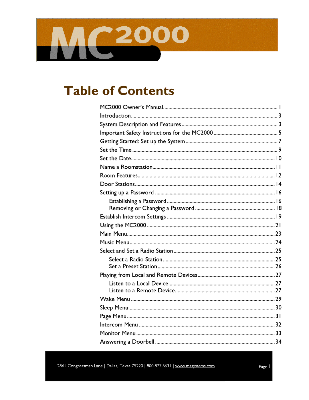 M&S Systems MC2000 owner manual Table of Contents 