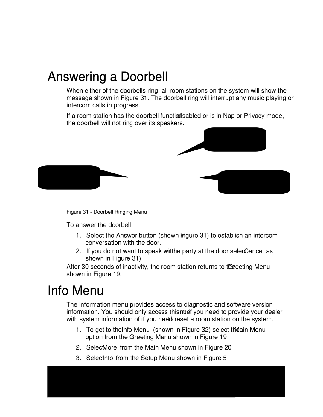 M&S Systems MC2000 owner manual Answering a Doorbell, Info Menu 