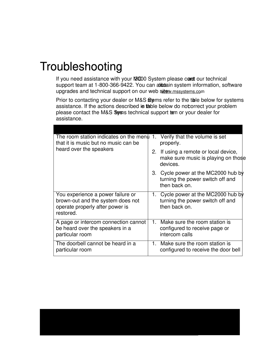 M&S Systems owner manual Troubleshooting, MC2000 Problem Corrective Action 