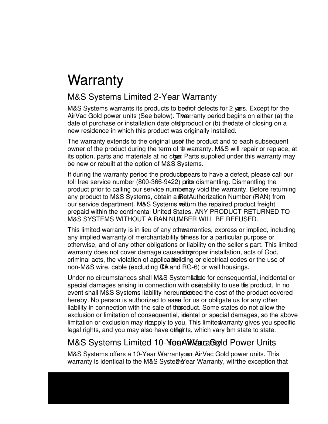 M&S Systems MC2000 owner manual Systems Limited 2-Year Warranty 