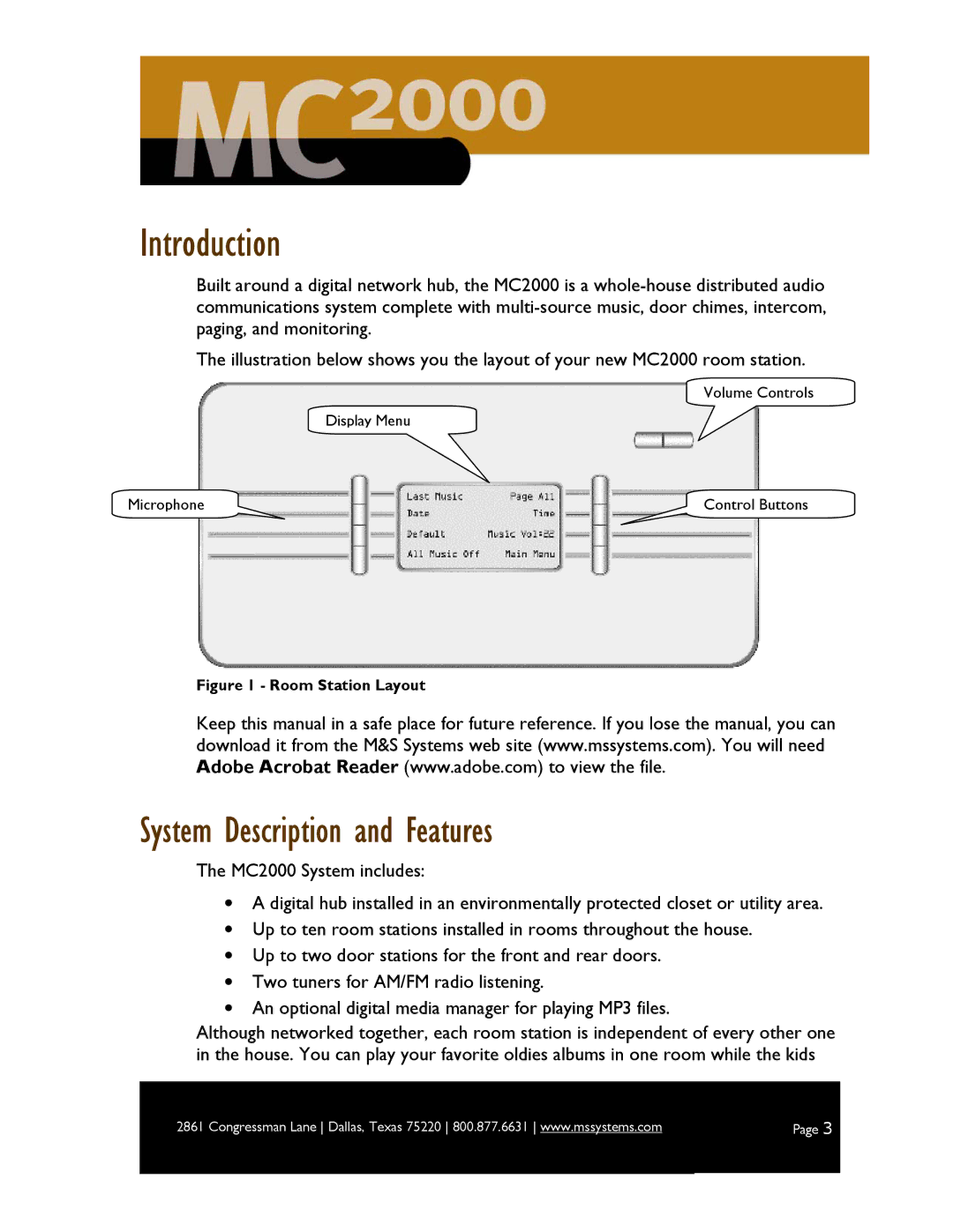 M&S Systems MC2000 owner manual Introduction, System Description and Features 