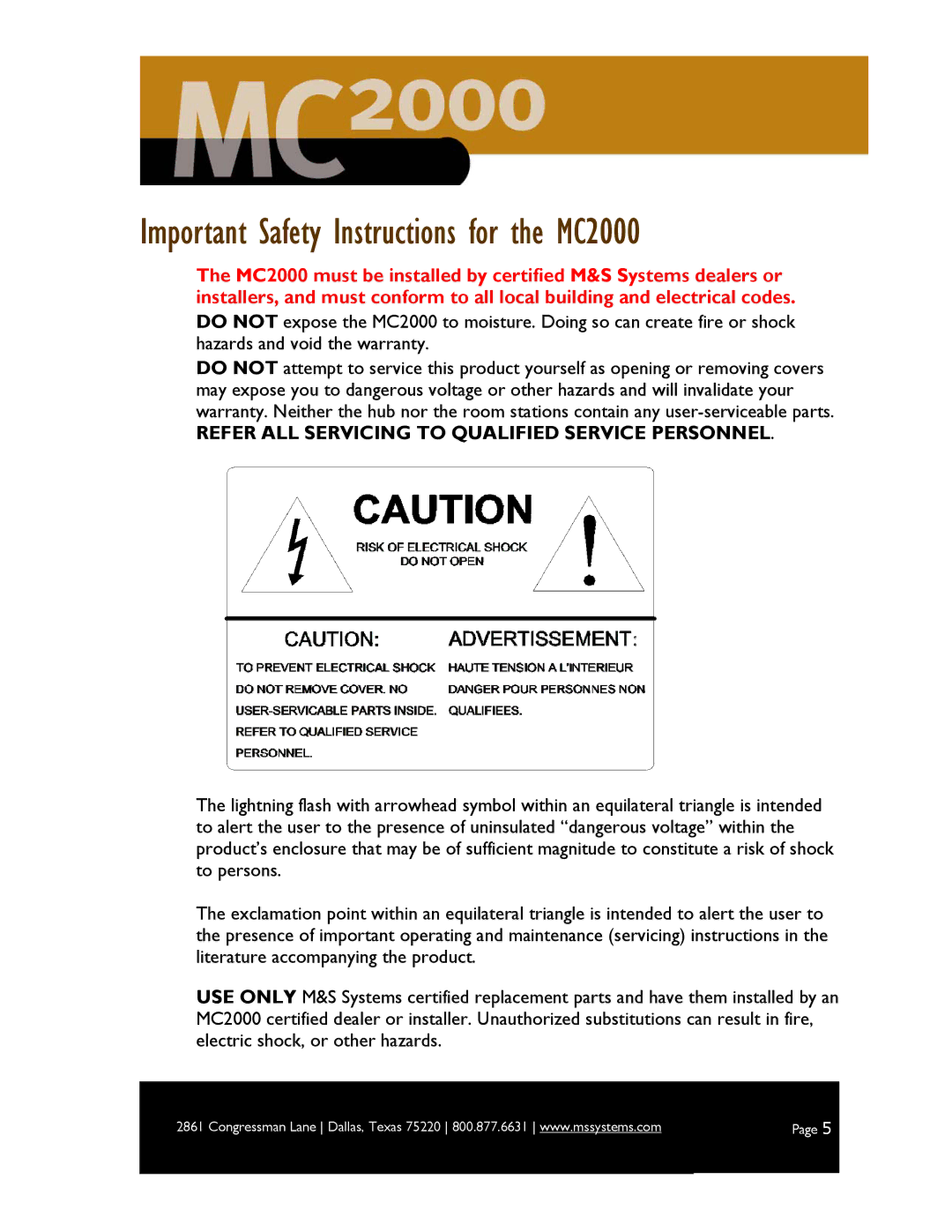 M&S Systems Important Safety Instructions for the MC2000, Refer ALL Servicing to Qualified Service Personnel 