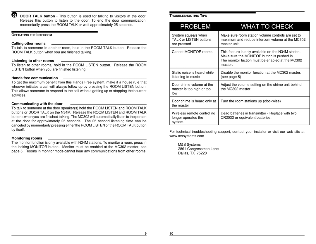 M&S Systems MC30 manual Calling other rooms 