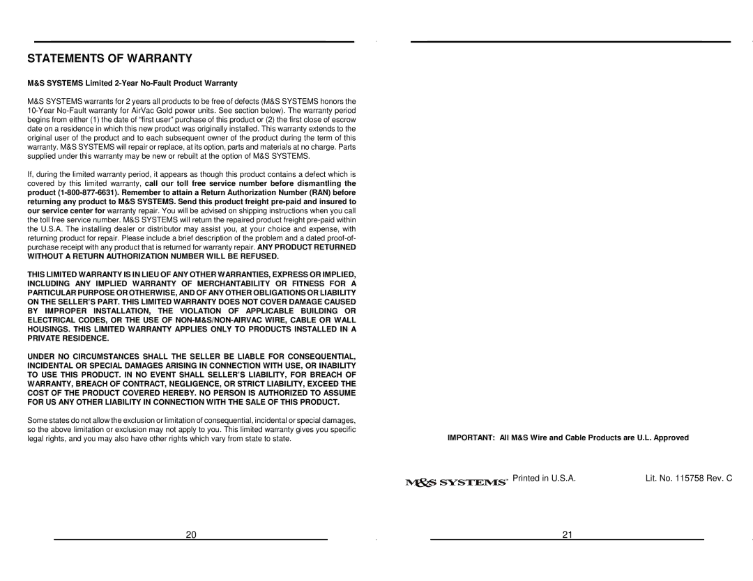 M&S Systems MC602 warranty Statements of Warranty 