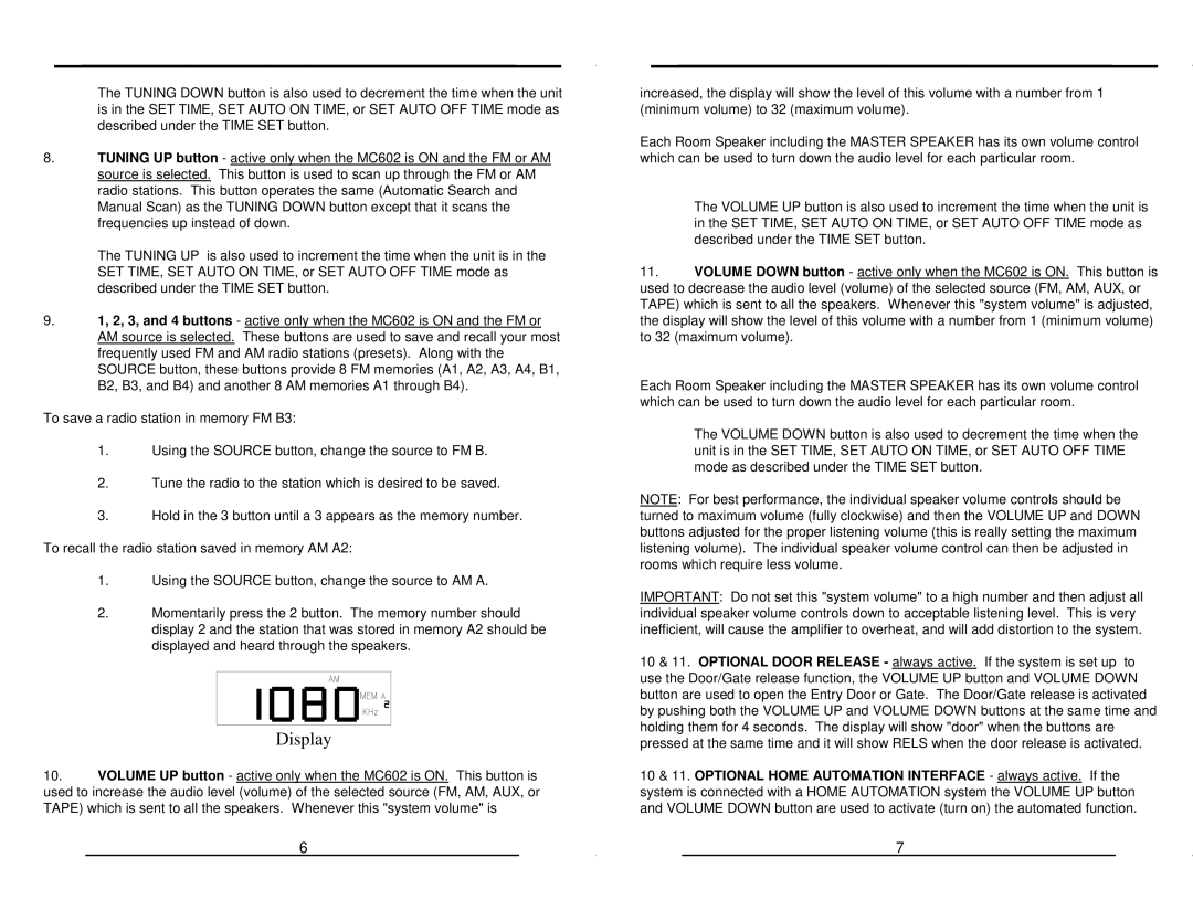 M&S Systems MC602 warranty Display 