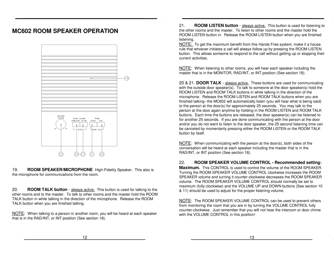 M&S Systems warranty MC602 Room Speaker Operation 