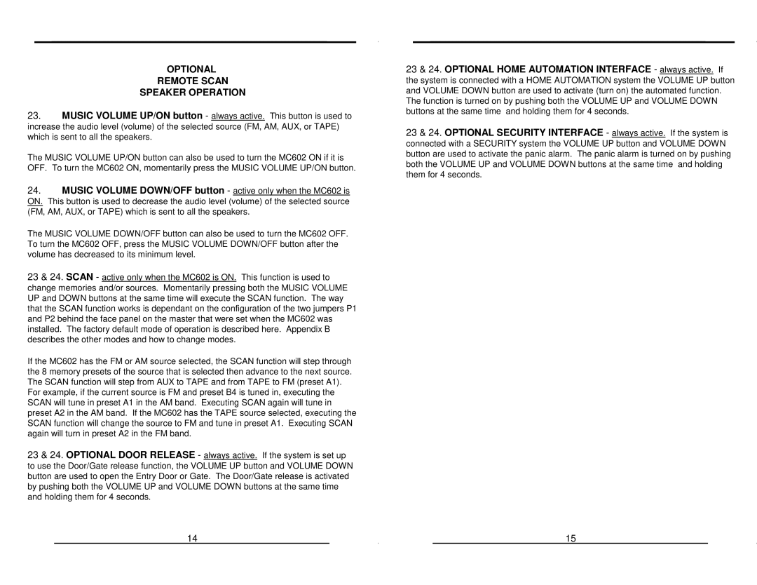 M&S Systems MC602 warranty Optional Remote Scan Speaker Operation 
