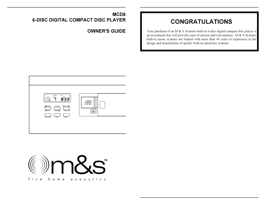 M&S Systems manual Congratulations, MCD6 Disc Digital Compact Disc Player Owners Guide 