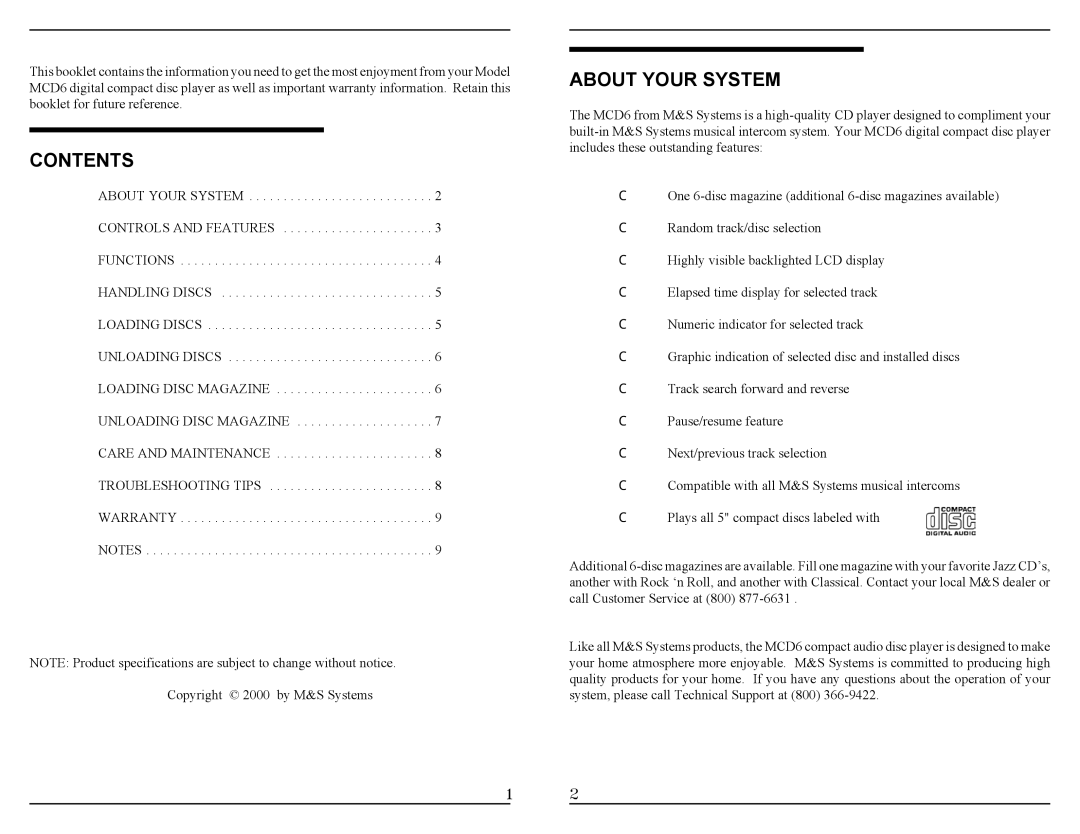 M&S Systems MCD6 manual Contents, About Your System 