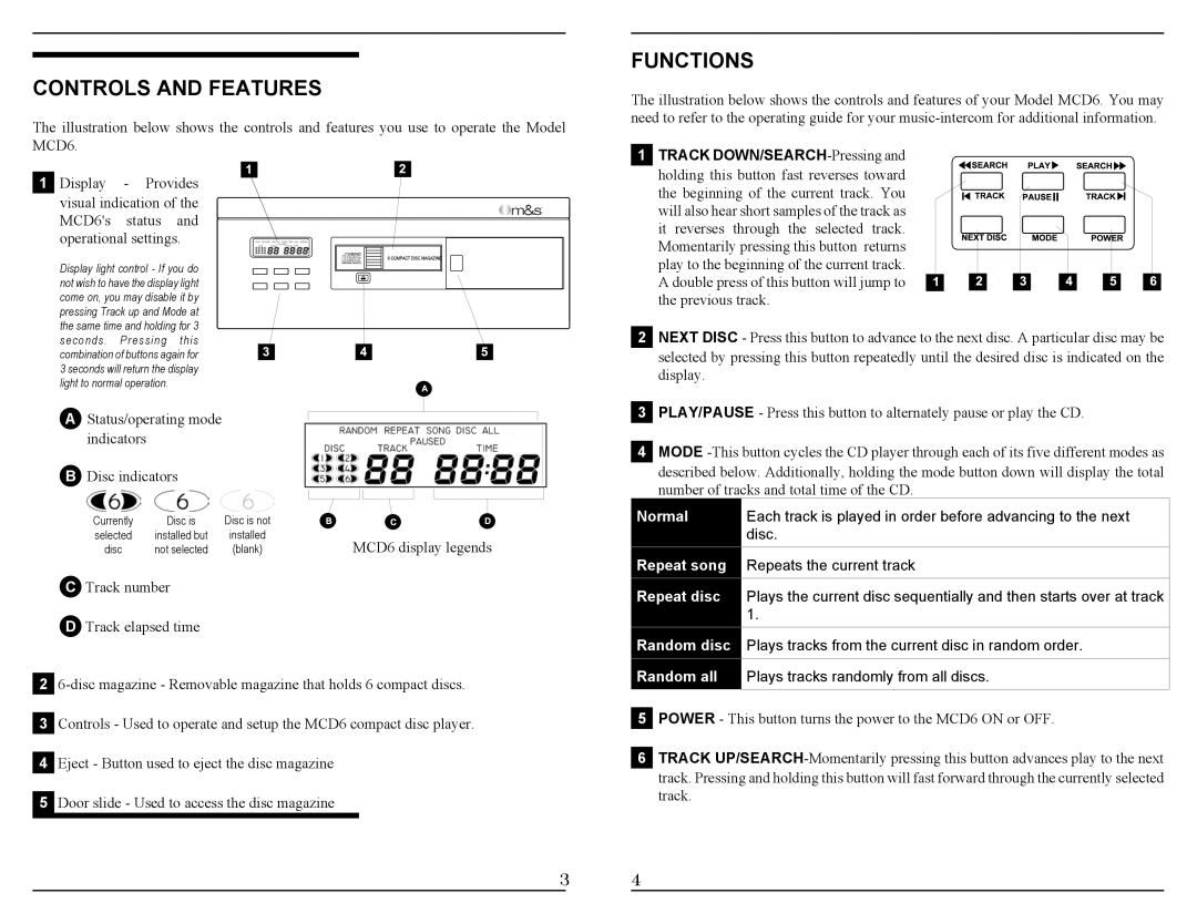 M&S Systems MCD6 manual Controls and Features, Functions, Track DOWN/SEARCH-Pressing 