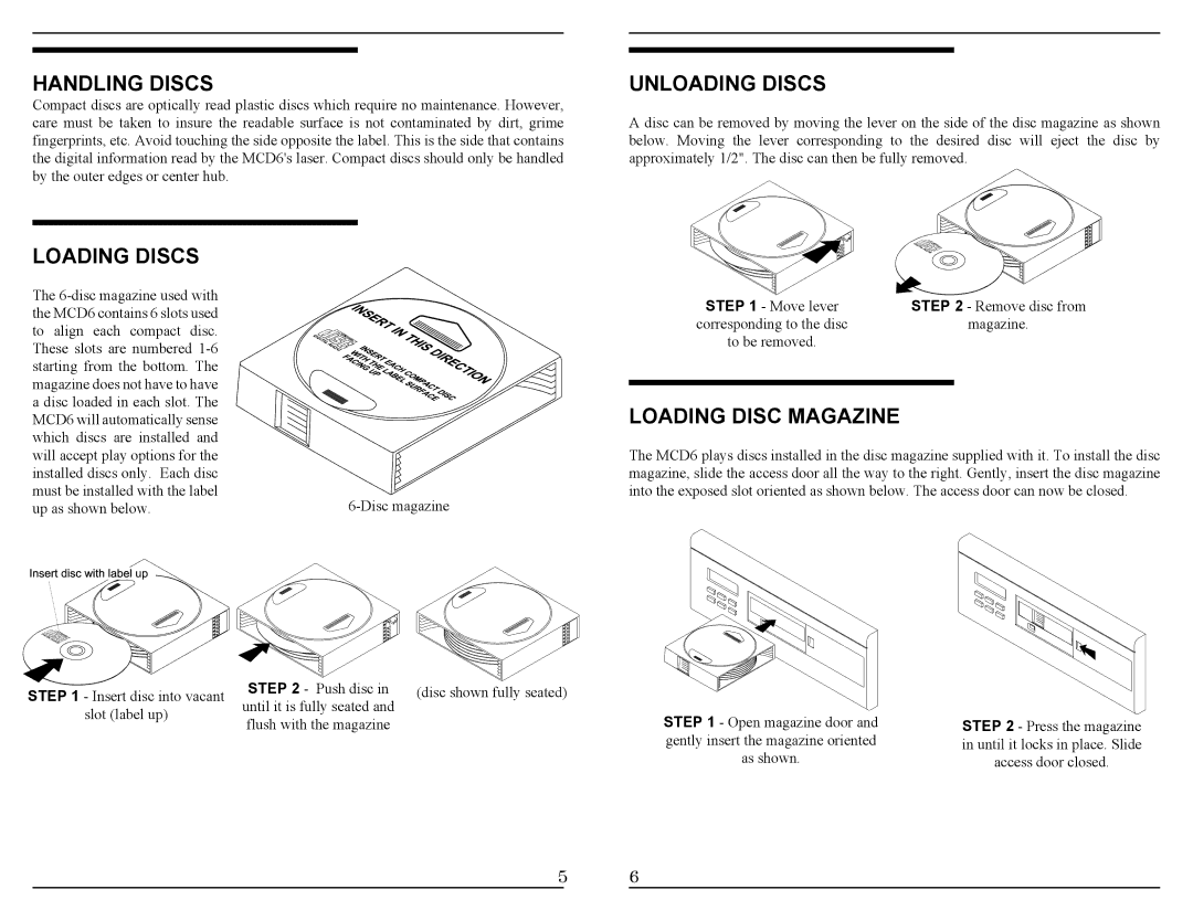 M&S Systems MCD6 manual Handling Discs, Loading Discs, Unloading Discs, Loading Disc Magazine 