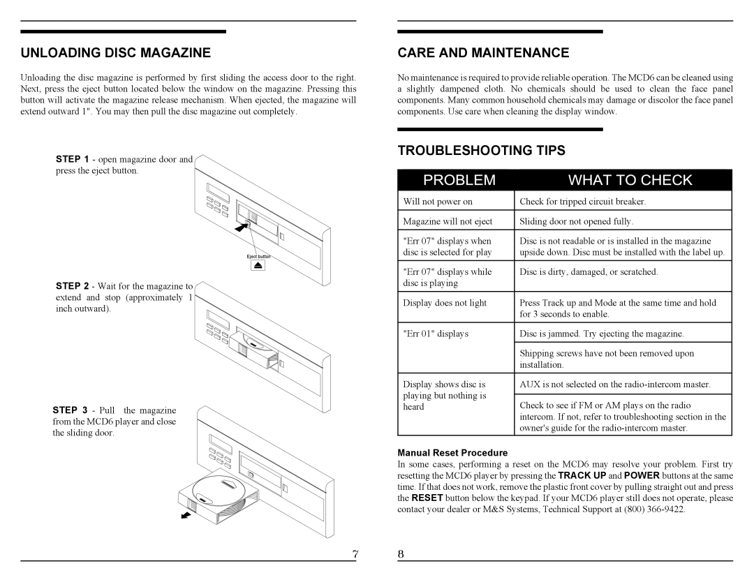 M&S Systems MCD6 manual Unloading Disc Magazine, Care and Maintenance, Troubleshooting Tips, Manual Reset Procedure 