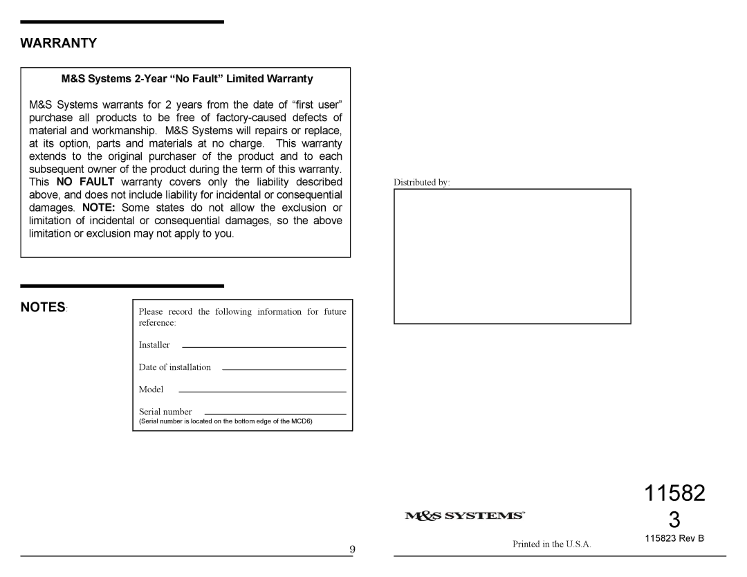 M&S Systems MCD6 manual Systems 2-Year No Fault Limited Warranty 