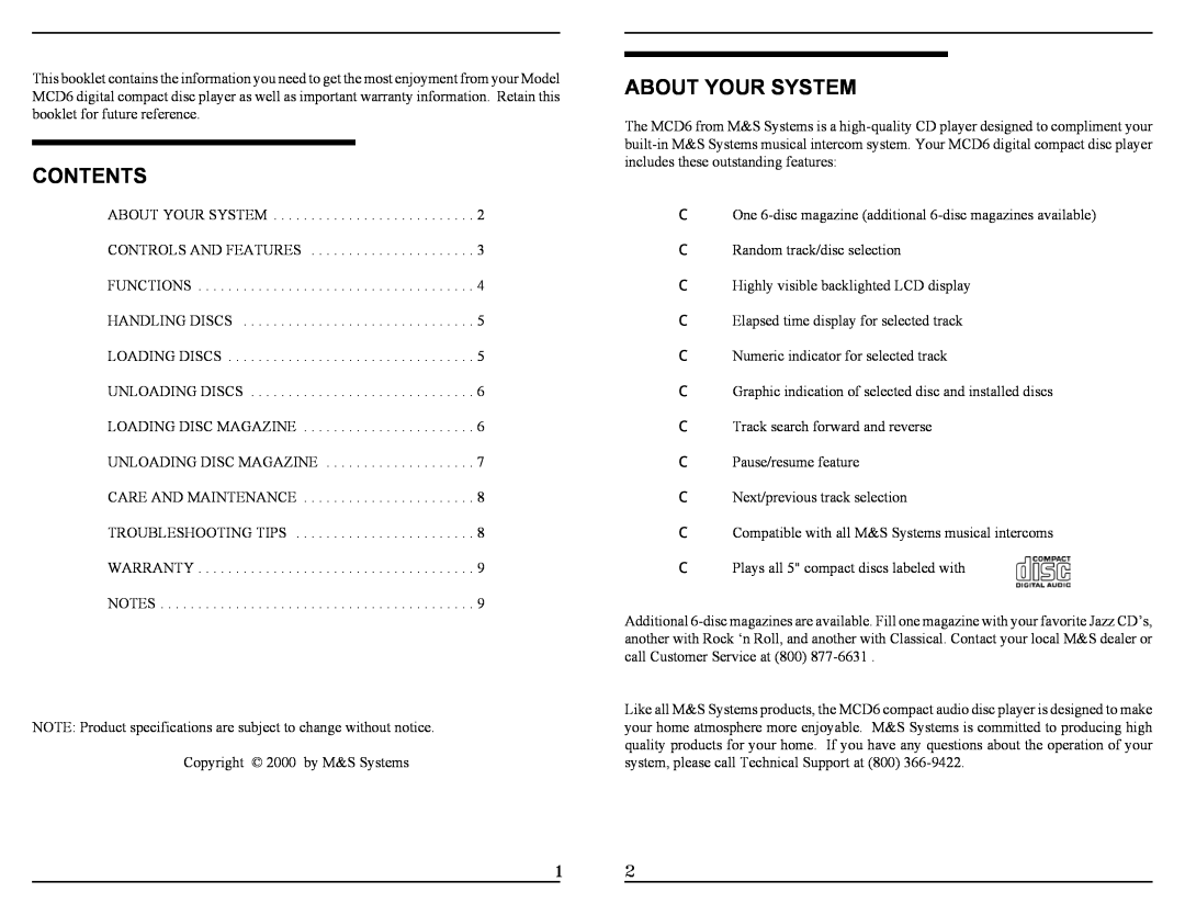 M&S Systems MCD6 manual Contents, About Your System 