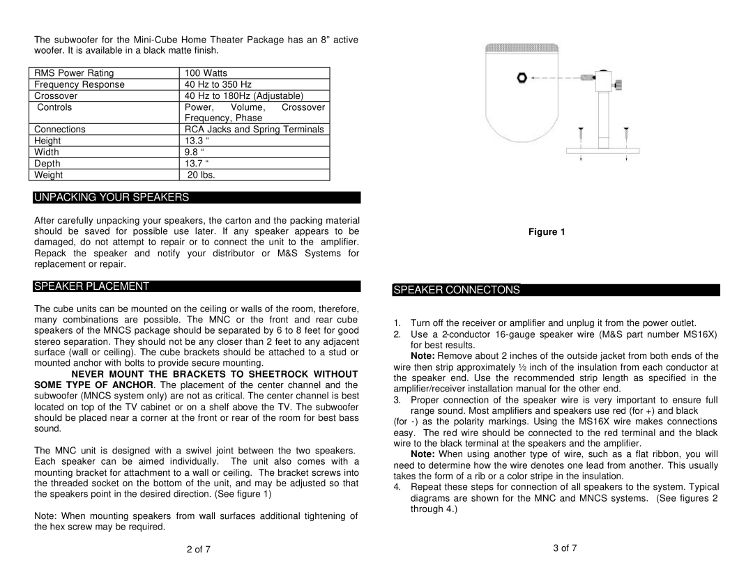 M&S Systems MNCS / MNCSB, MNC / MNCB instruction manual Unpacking Your Speakers, Speaker Placement, Speaker Connectons 