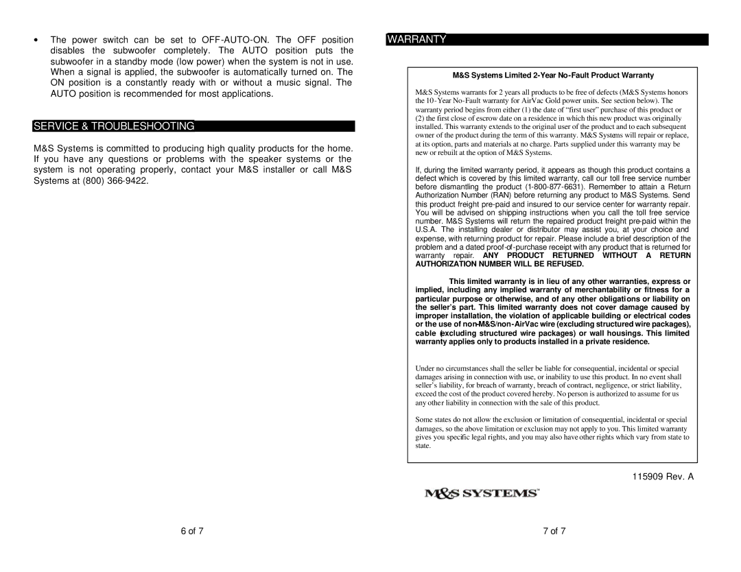 M&S Systems MNCS / MNCSB, MNC / MNCB instruction manual Service & Troubleshooting, Warranty 