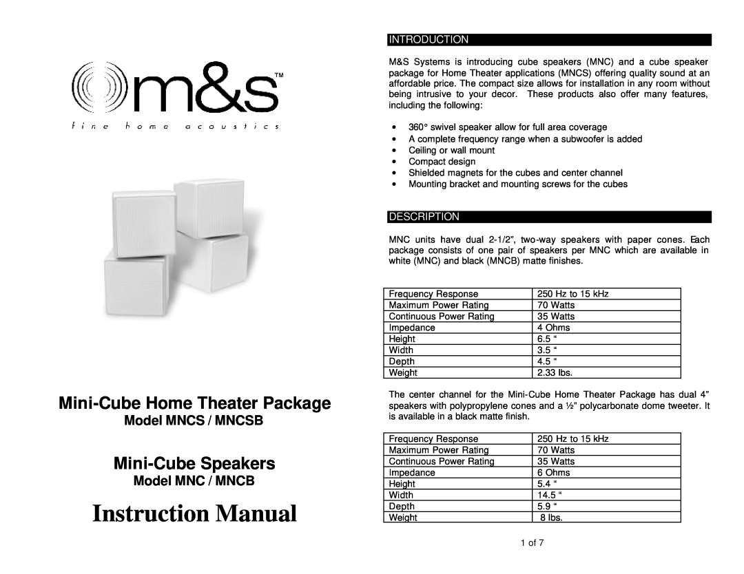 M&S Systems MNC / MNCB instruction manual Introduction, Description, Mini-CubeHome Theater Package, Mini-CubeSpeakers 