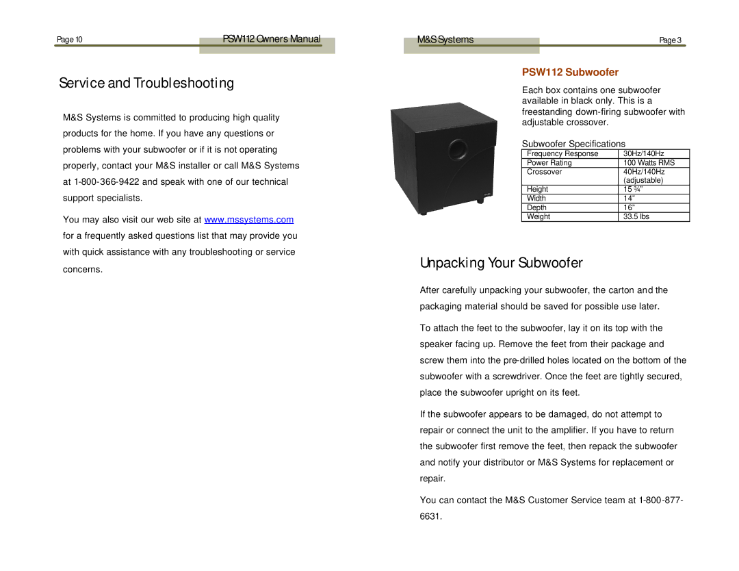 M&S Systems PSW112 owner manual Service and Troubleshooting, Unpacking Your Subwoofer 