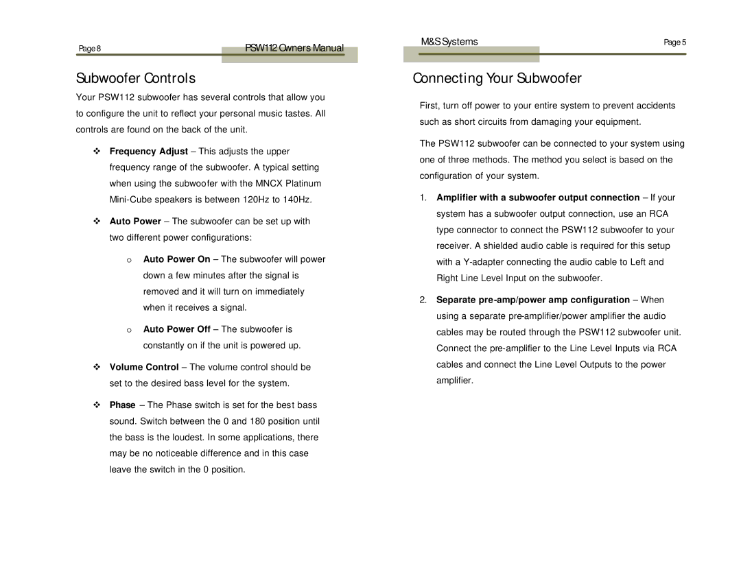 M&S Systems PSW112 owner manual Subwoofer Controls, Connecting Your Subwoofer 
