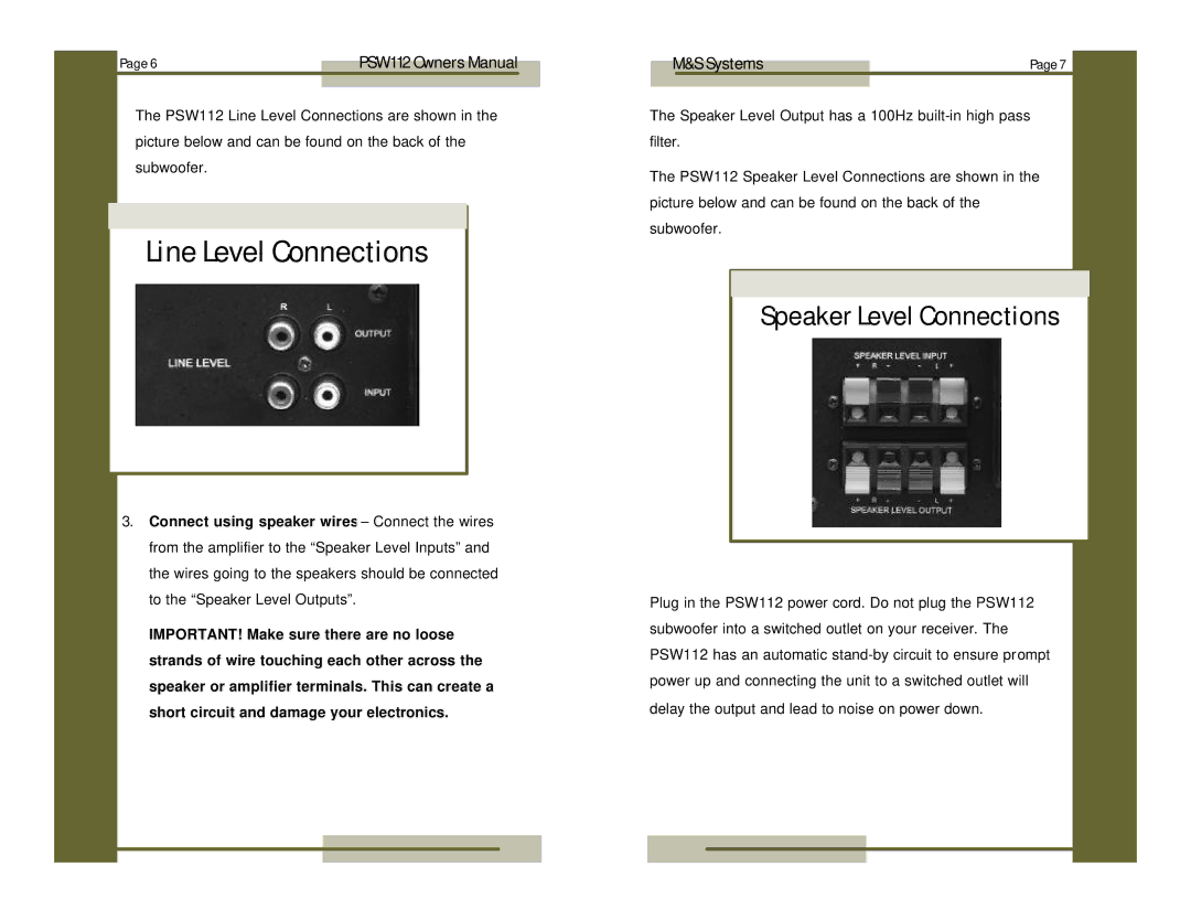 M&S Systems PSW112 owner manual Line Level Connections 