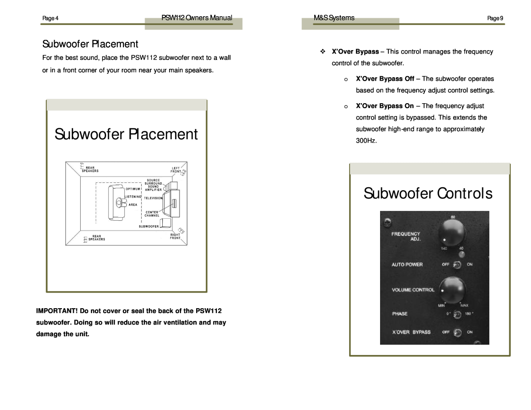 M&S Systems PSW112 owner manual Subwoofer Placement, Subwoofer Controls, M&S Systems 