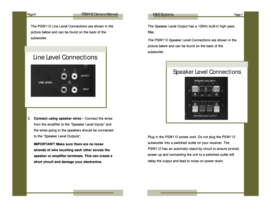 M&S Systems PSW112 owner manual Line Level Connections, Speaker Level Connections, M&S Systems 