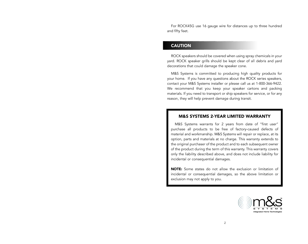 M&S Systems ROCK45G, ROCK8R, ROCK8G installation instructions Systems 2-YEAR Limited Warranty 