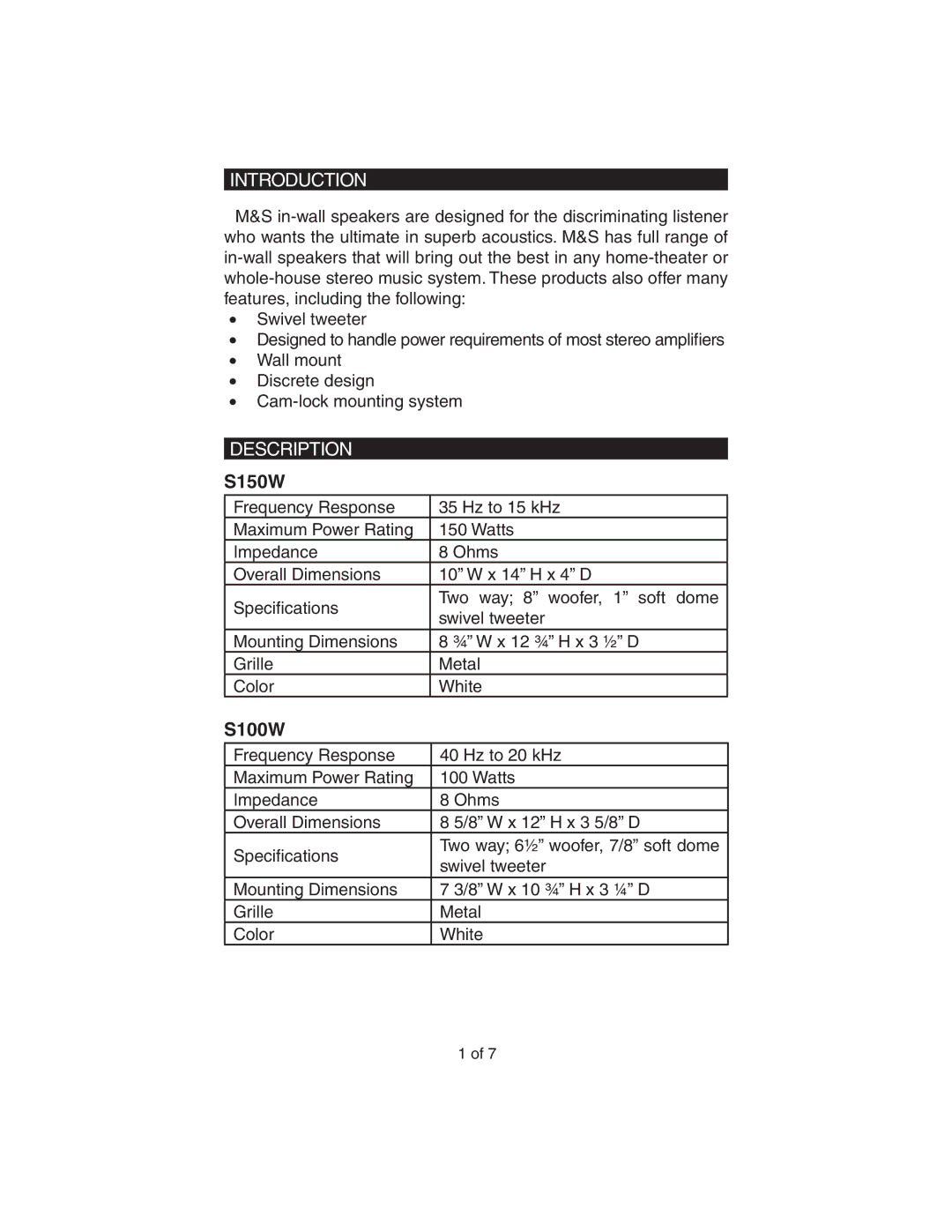 M&S Systems S150W instruction manual Introduction, Description, S100W 