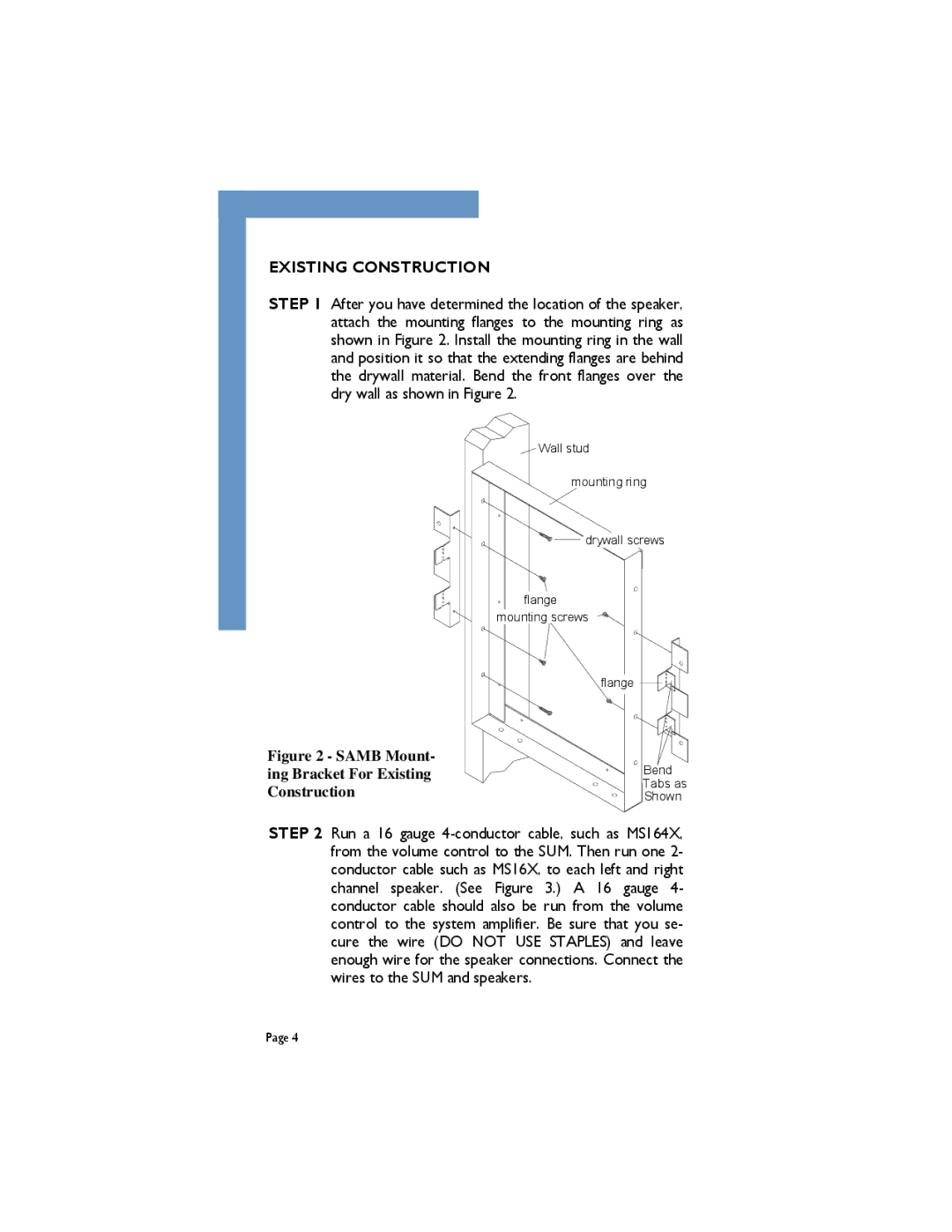 M&S Systems Speaker manual Samb Mount- ing Bracket For Existing Construction 