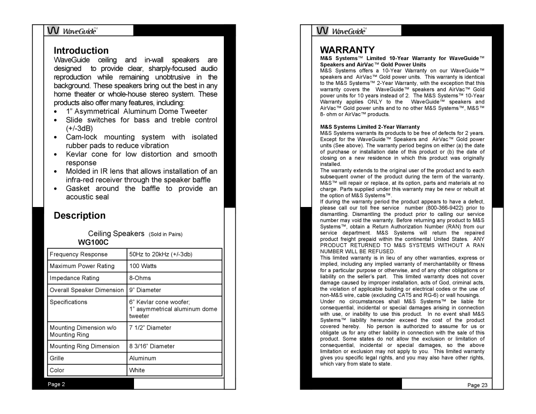 M&S Systems WG100C owner manual Introduction, Description 