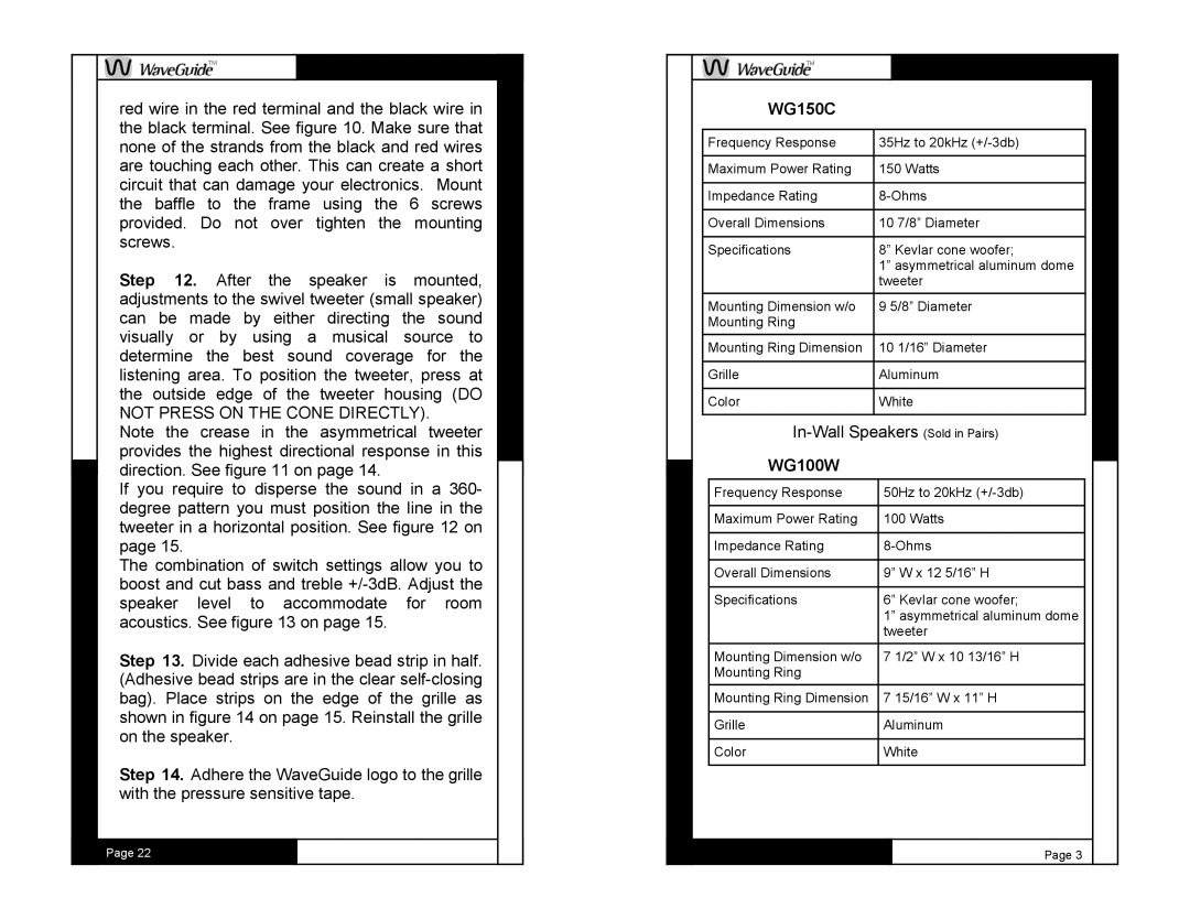 M&S Systems WG100C owner manual WG150C, WG100W 