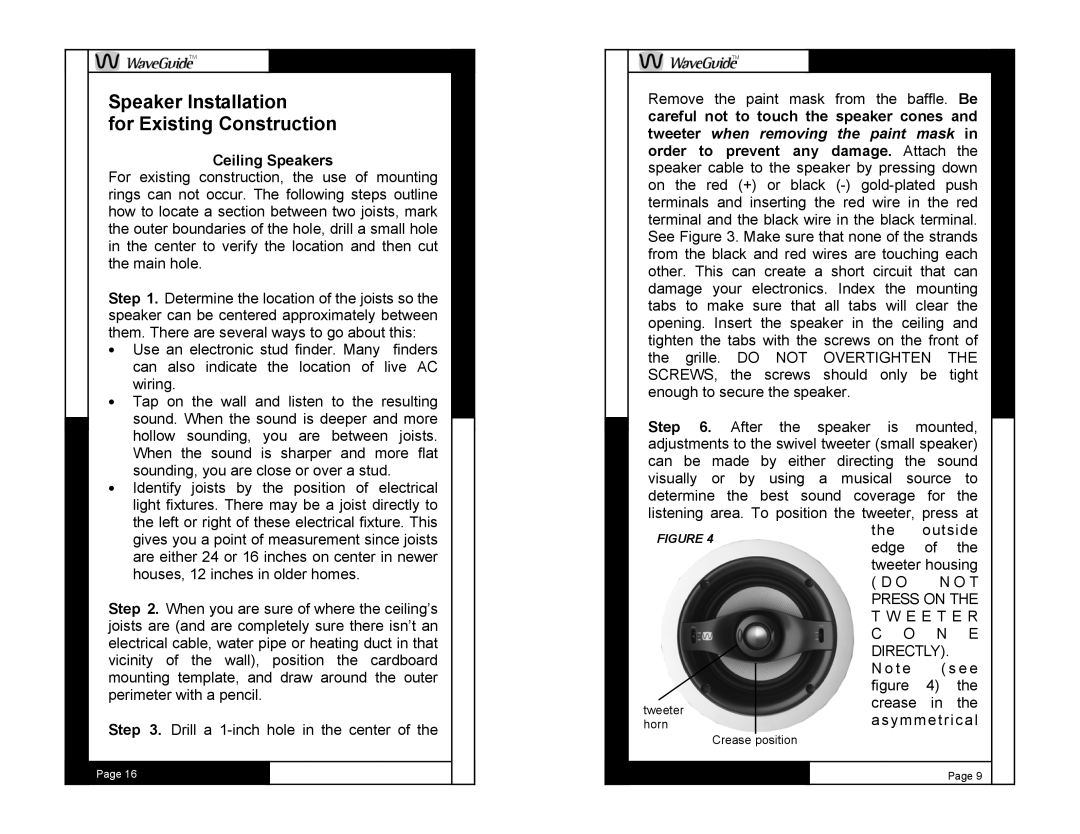 M&S Systems WG100C owner manual Speaker Installation For Existing Construction, Press on E E T E R Directly 