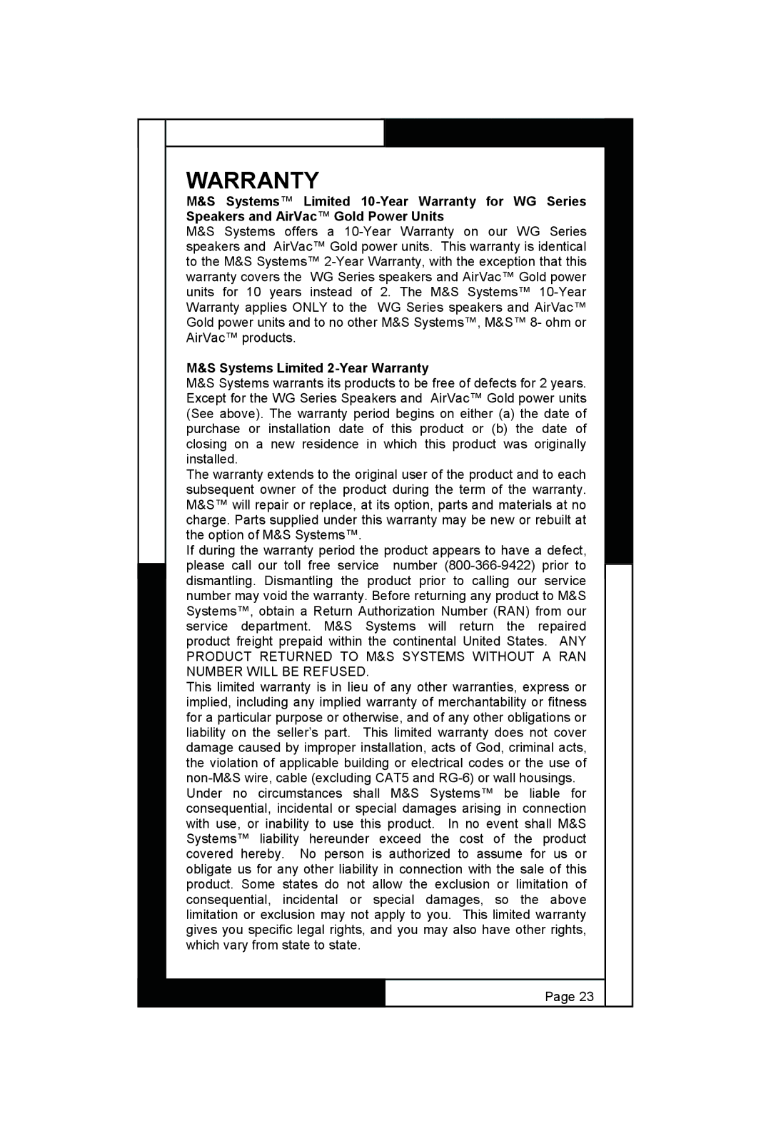 M&S Systems WG150W, WG100W, WG150C owner manual Warranty 