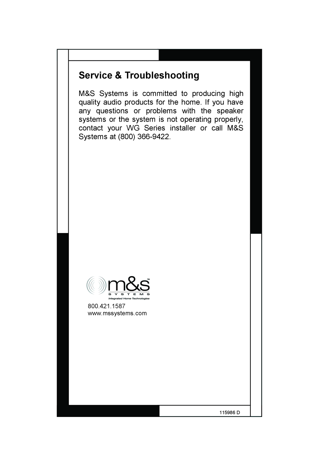 M&S Systems WG100W, WG150C, WG150W owner manual Service & Troubleshooting 