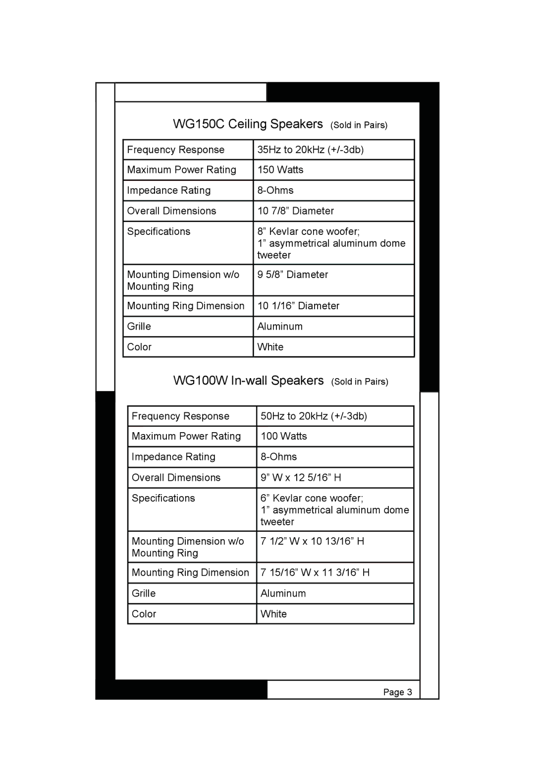 M&S Systems WG100W, WG150W owner manual WG150C Ceiling Speakers Sold in Pairs 