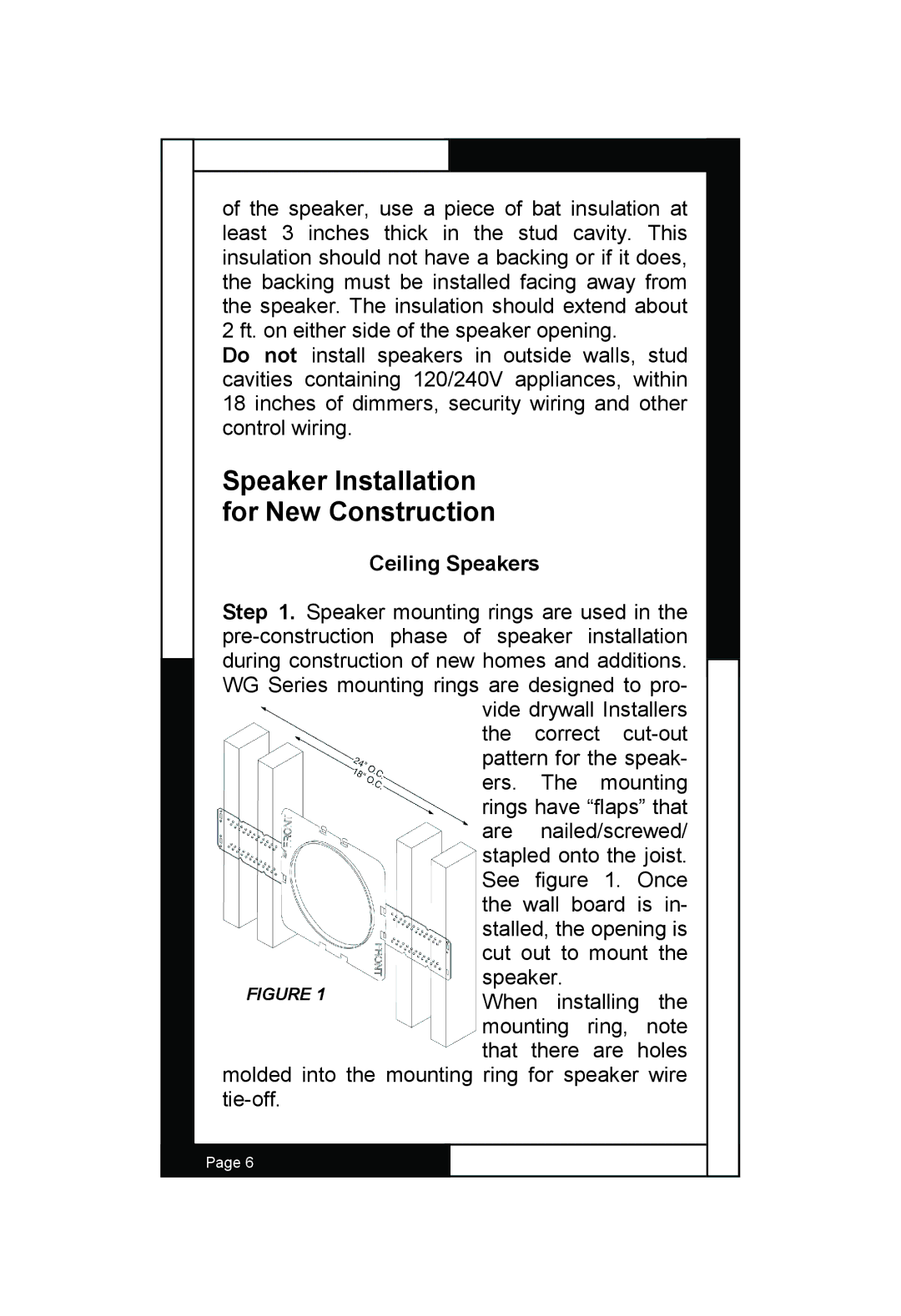 M&S Systems WG100W, WG150C, WG150W owner manual Speaker Installation for New Construction, Ceiling Speakers 