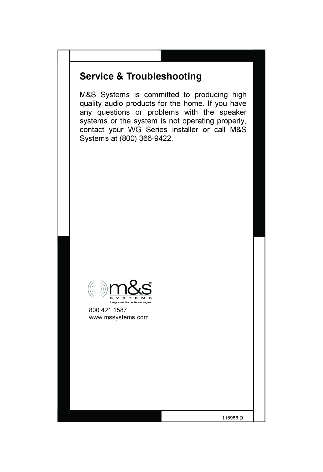 M&S Systems WG100W, WG150C, WG150W owner manual Service & Troubleshooting, 115986 D 