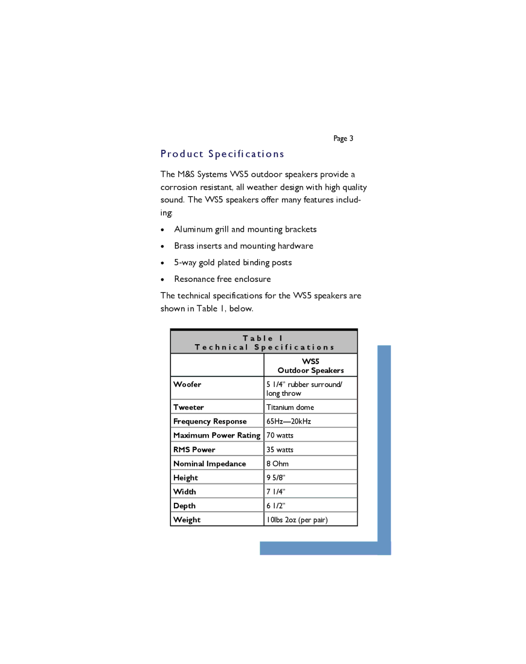 M&S Systems WS5 owner manual Product S pecifi cations 