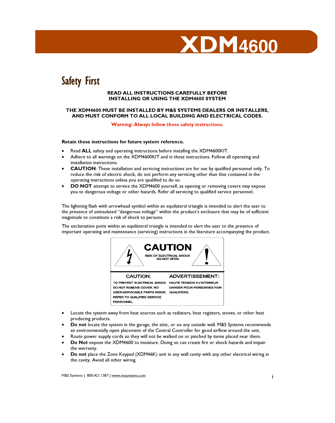 M&S Systems XDM4600 owner manual Safety First 