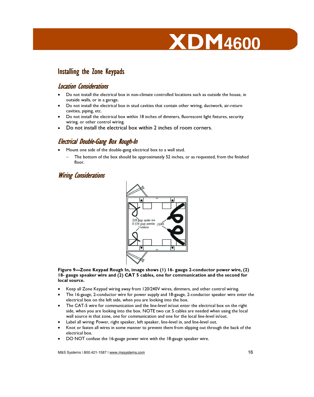 M&S Systems XDM4600 owner manual Installing the Zone Keypads, Electrical Double-Gang Box Rough-In 