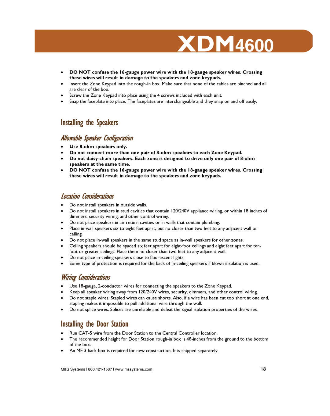 M&S Systems XDM4600 owner manual Installing the Speakers, Installing the Door Station, Allowable Speaker Configuration 