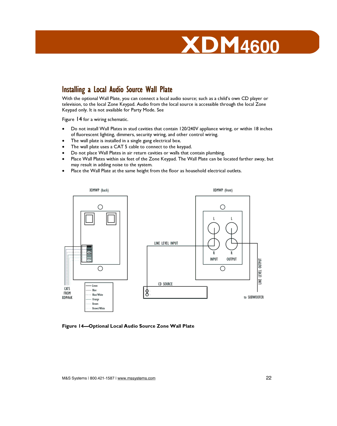 M&S Systems XDM4600 owner manual Installing a Local Audio Source Wall Plate, Optional Local Audio Source Zone Wall Plate 